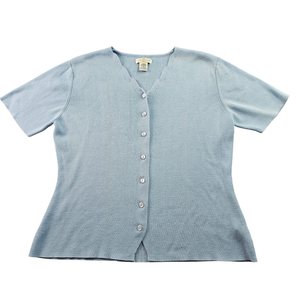 Yarnworks Cardigan Sweater Women's L Blue Ribbed Knit Short Sleeve Button Front